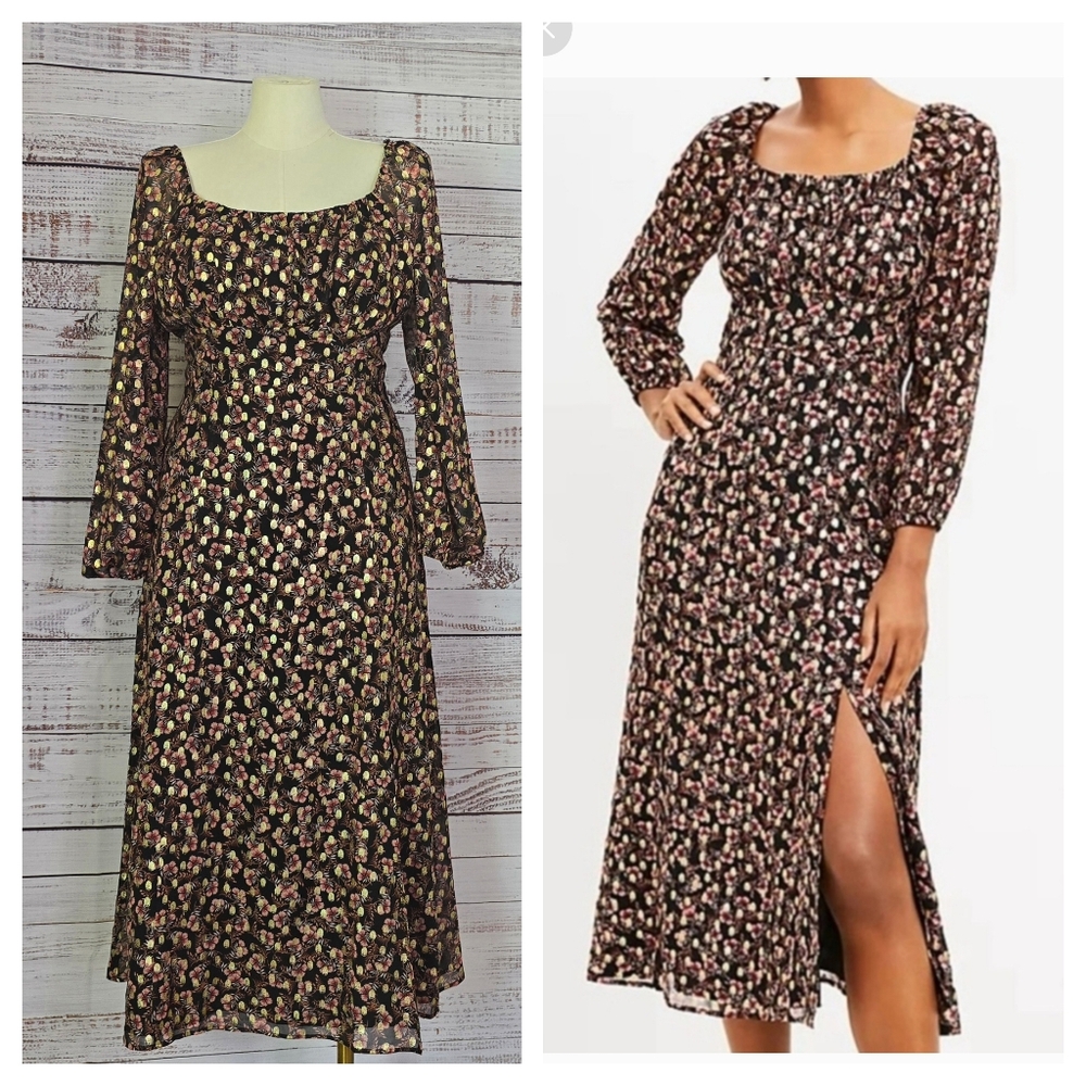 LOFT Black Gold Milkmaid Dress with Bishop Sleeves Front Slit